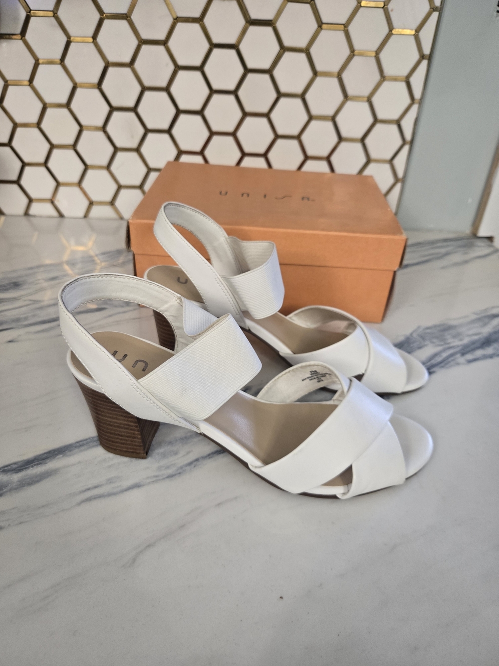 Unisa White Leather Slingback Block Heel Sandals